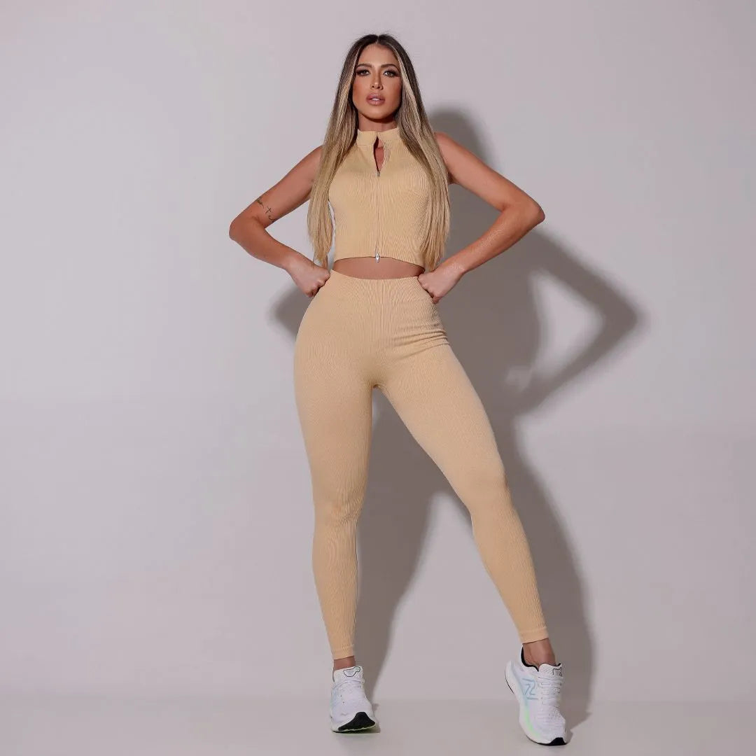 Cropped Essence Fitness Bege Canelado