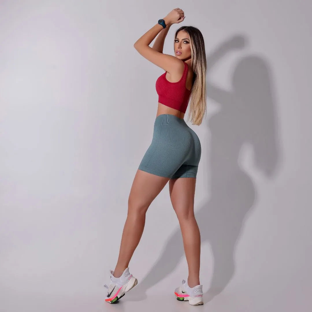 Short Fitness Cintura Alta Canelado Cinza