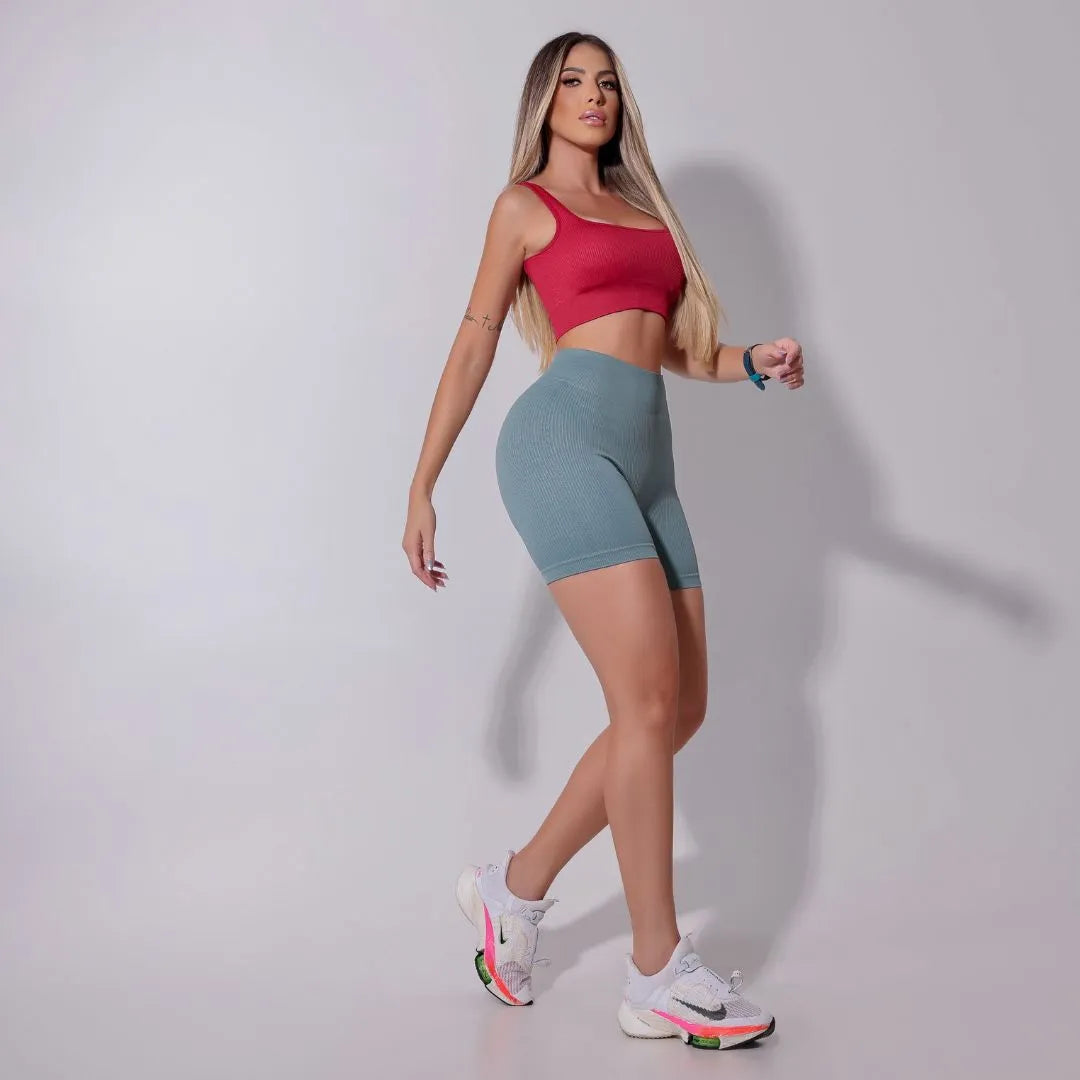 Short Fitness Cintura Alta Canelado Cinza