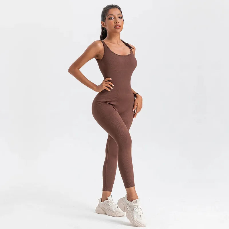 Macacão Longo Canelado Fitness Marrom | Conforto e Estilo