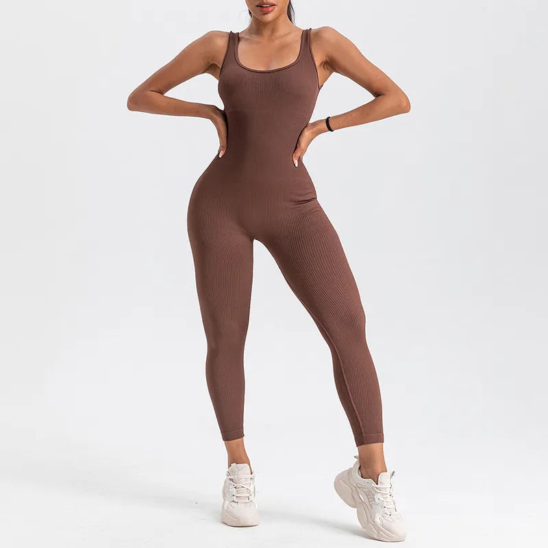 Macacão Longo Canelado Fitness Marrom | Conforto e Estilo