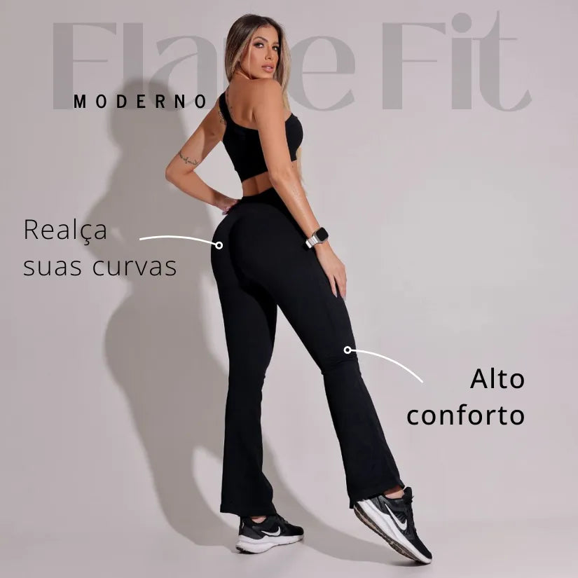 Calça Feminina Flare Fitness Canelado Preto