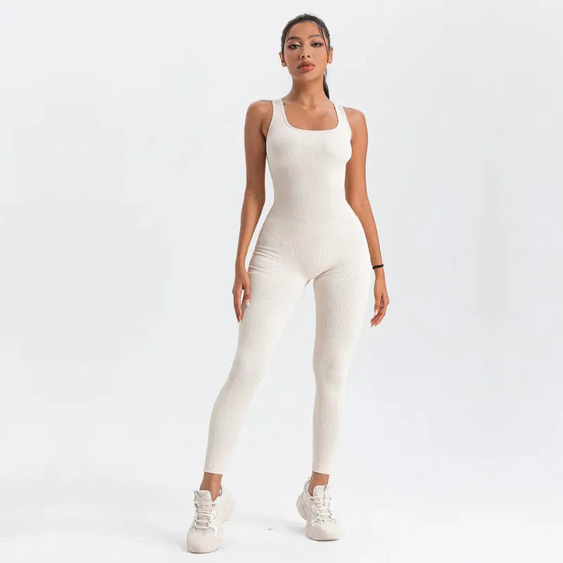 Macacão Longo Canelado Fitness Branco