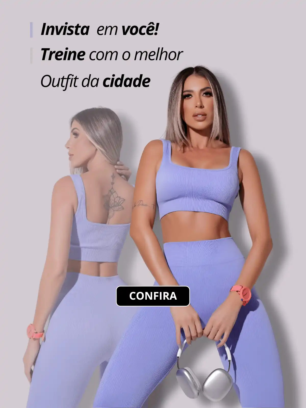 Banner da Sobre Essência com frase "invista em você, treine com o melhor outfit da cidade" mostrando um conjunto fitness