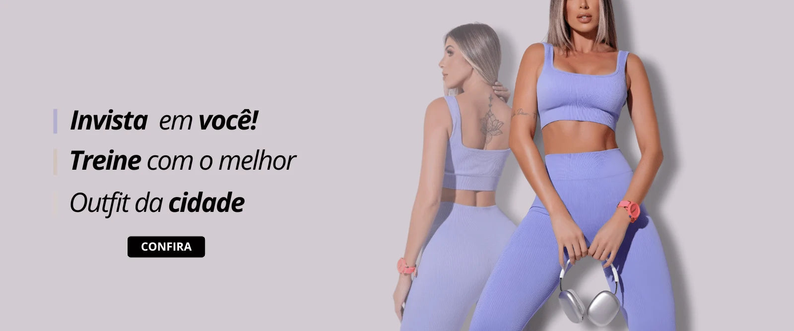 Banner da Sobre Essência com frase "invista em você, treine com o melhor outfit da cidade" mostrando um conjunto fitness
