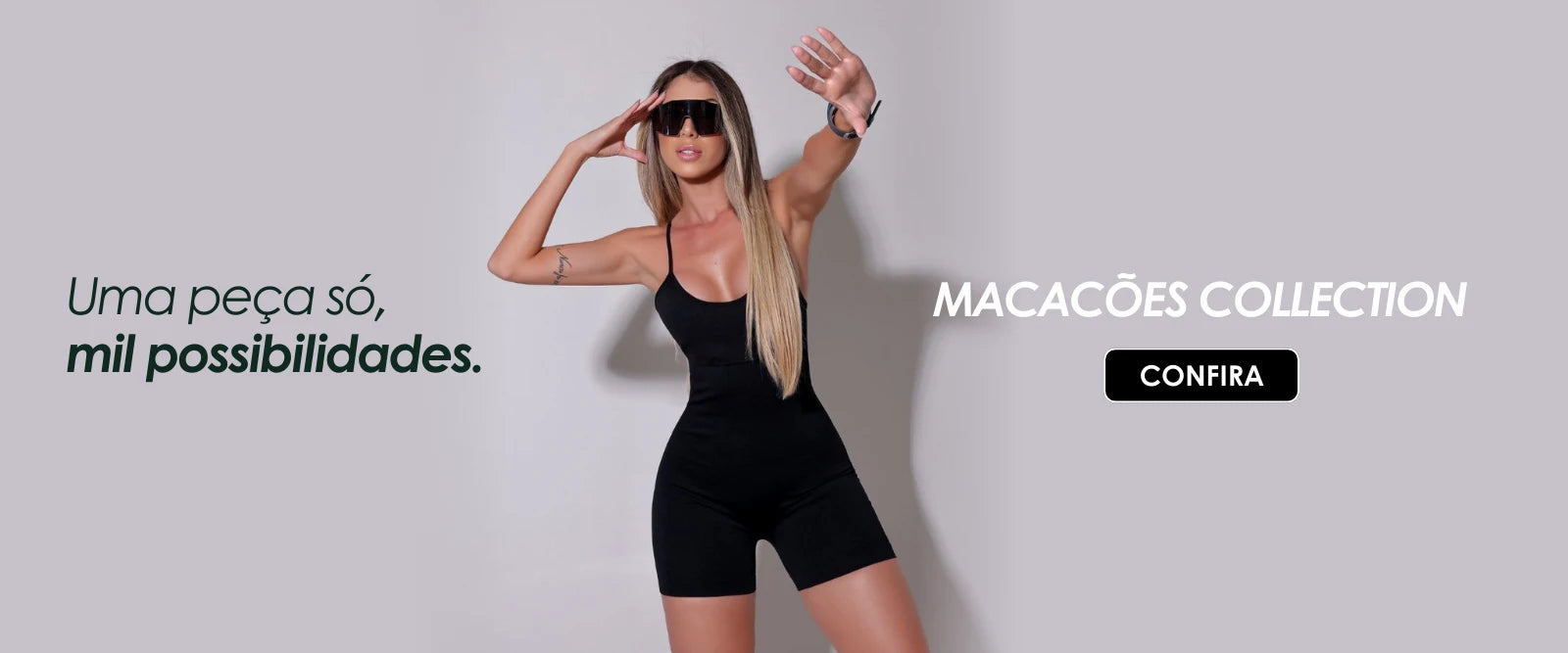 Banner da Sobre Essência com frase, "uma peça só, mil possibilidades" apresentando a incrível coleção de macacões fitness