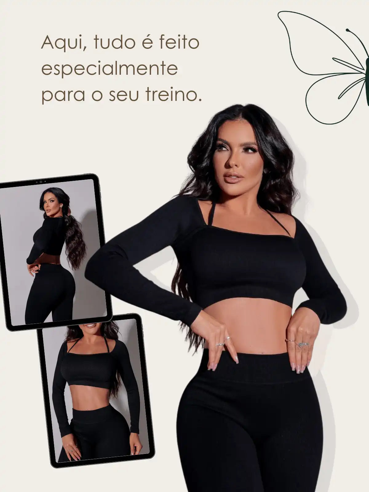 Modelo fitness acompanhada da frase: Aqui, tudo é feito especialmente para o seu closet.